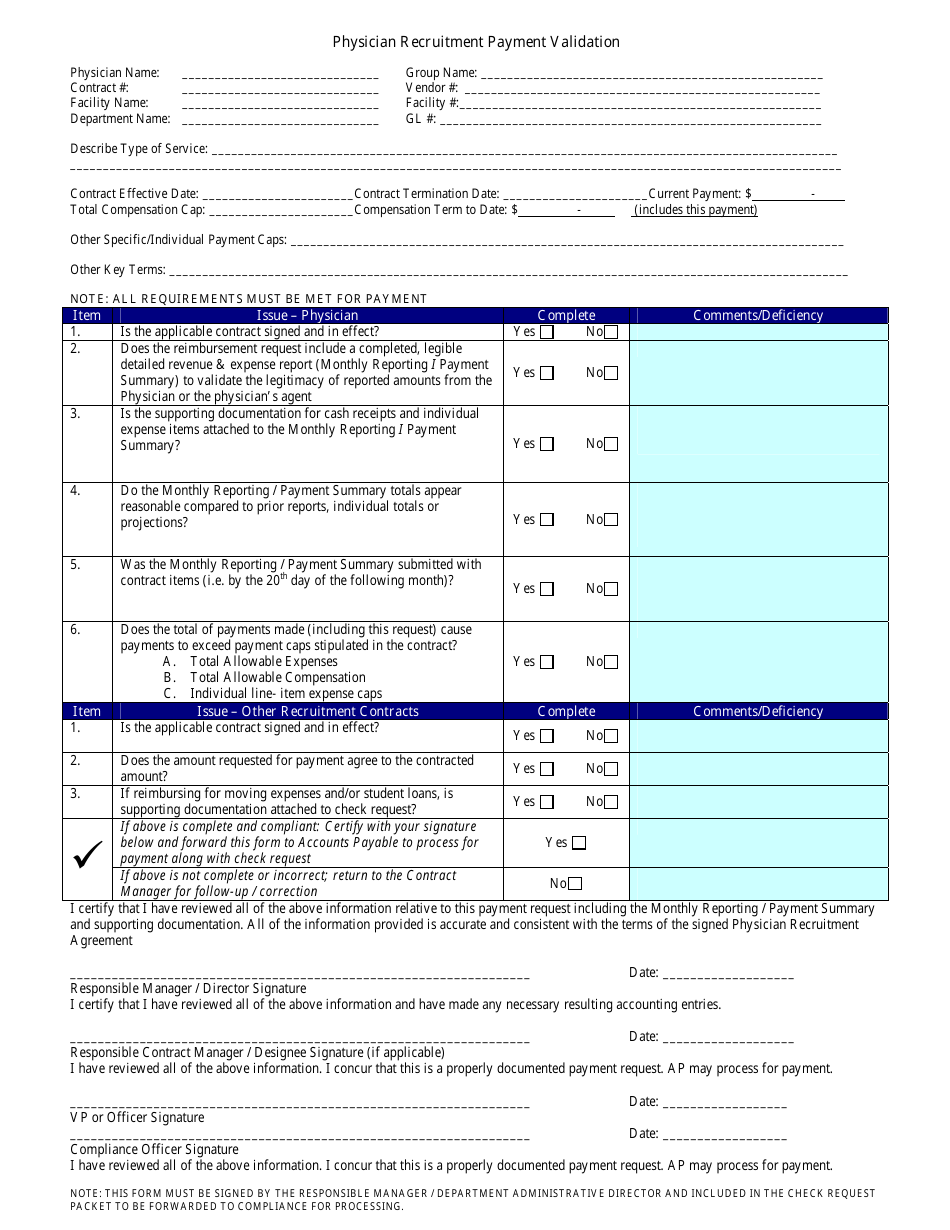 Physician Recruitment Payment Validation Form, Page 1