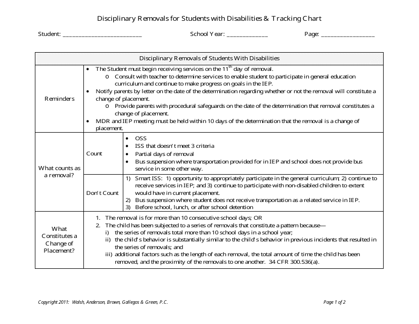 &quot;Disciplinary Removals for Students With Disabilities &amp; Tracking Chart Template - Walsh Gallegos&quot; Download Pdf