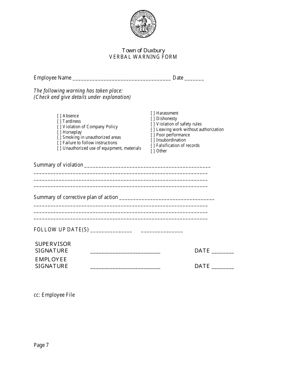Verbal Warning Form - Town of Duxbury, Massachusetts, Page 7