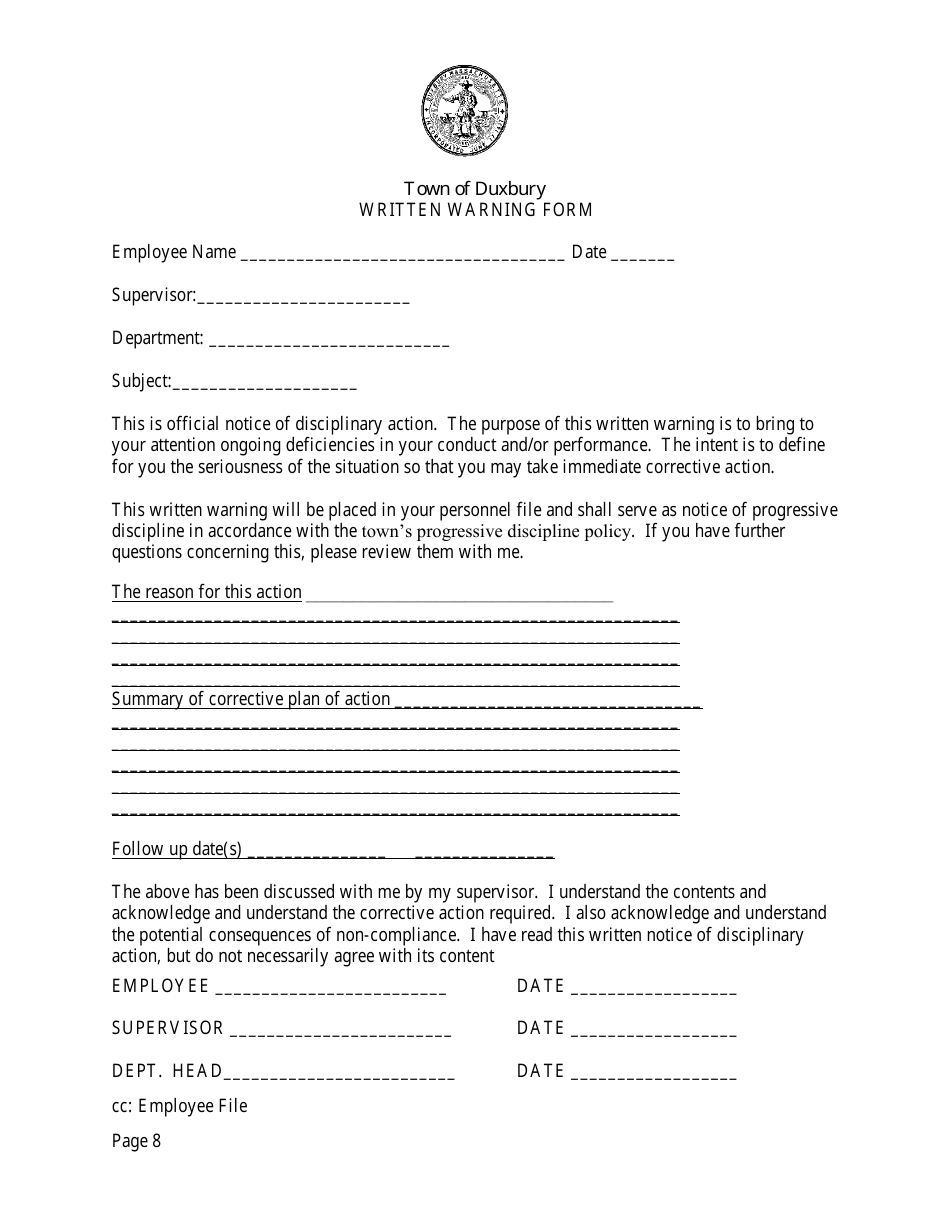 Verbal Warning Form - Town of Duxbury, Massachusetts, Page 8