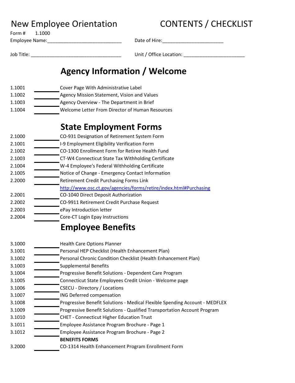Form 1.1000 New Employee Orientation Checklist - Connecticut, Page 1