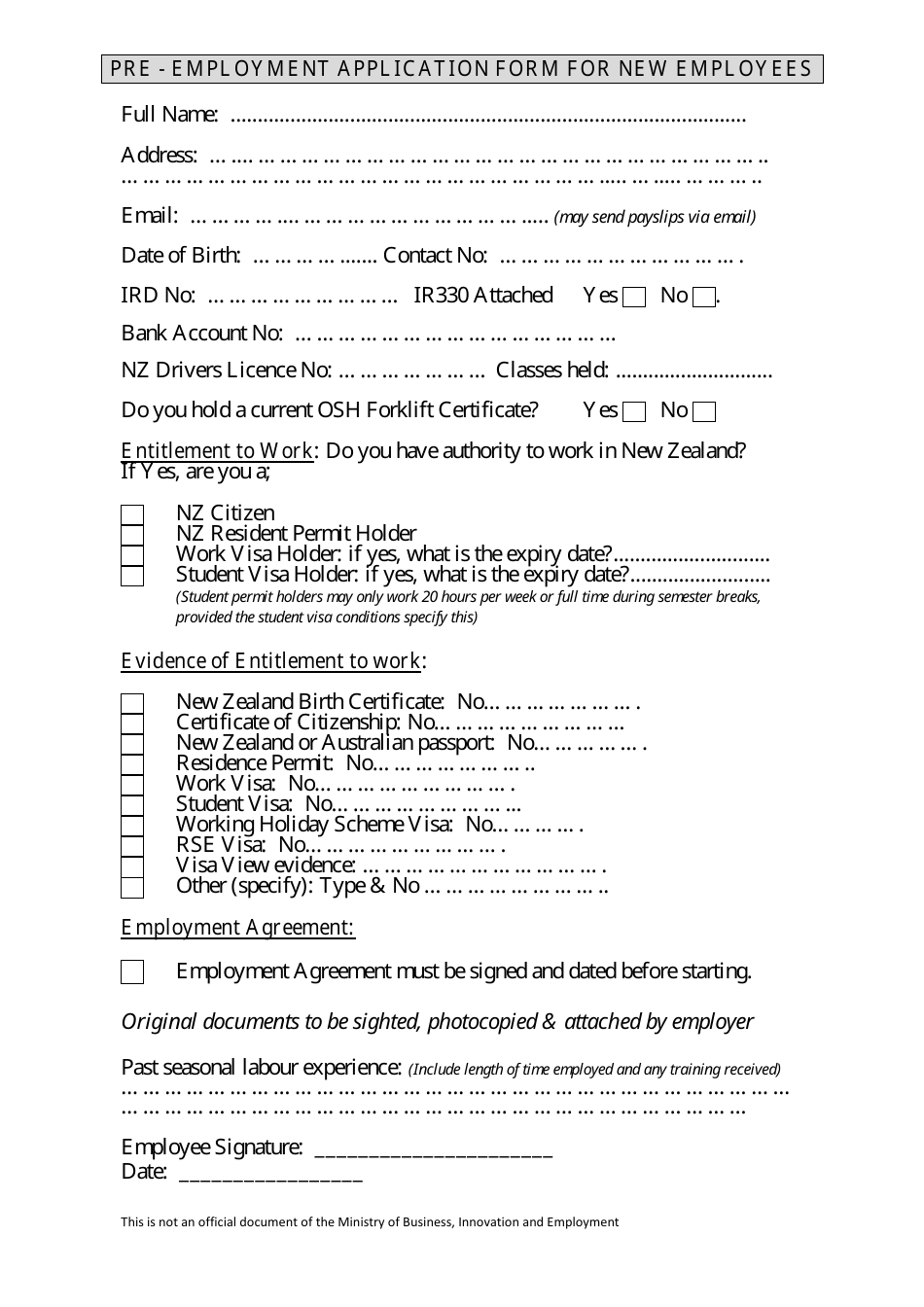 Pre-employment Application Form for New Employees Template, Page 1