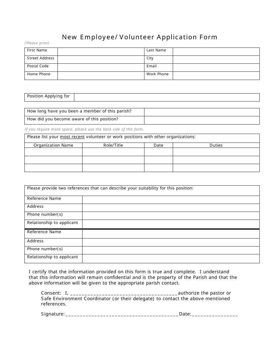 New Employee/Volunteer Application Form, Page 1