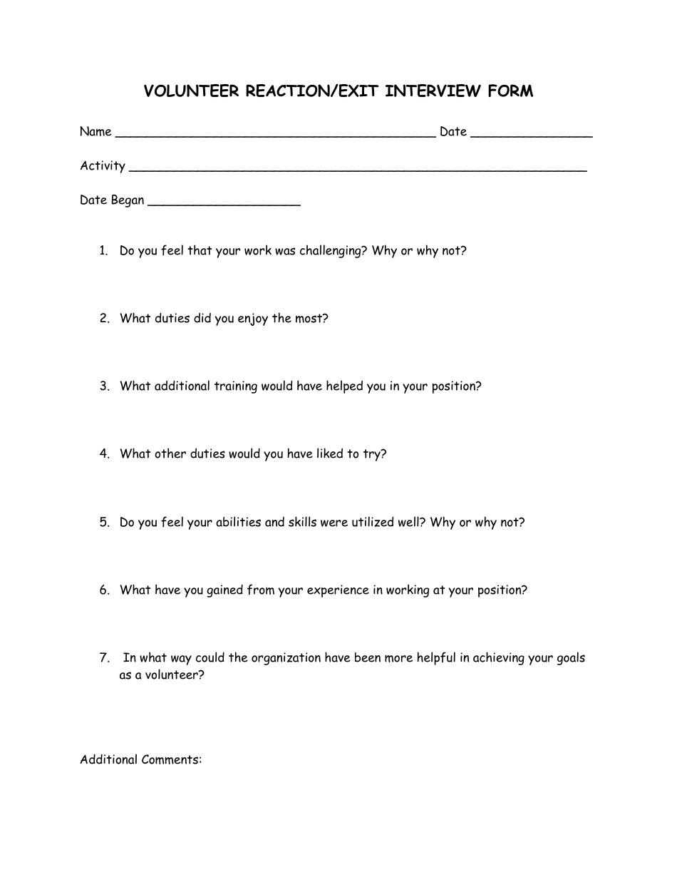 Volunteer Reaction/Exit Interview Form, Page 1