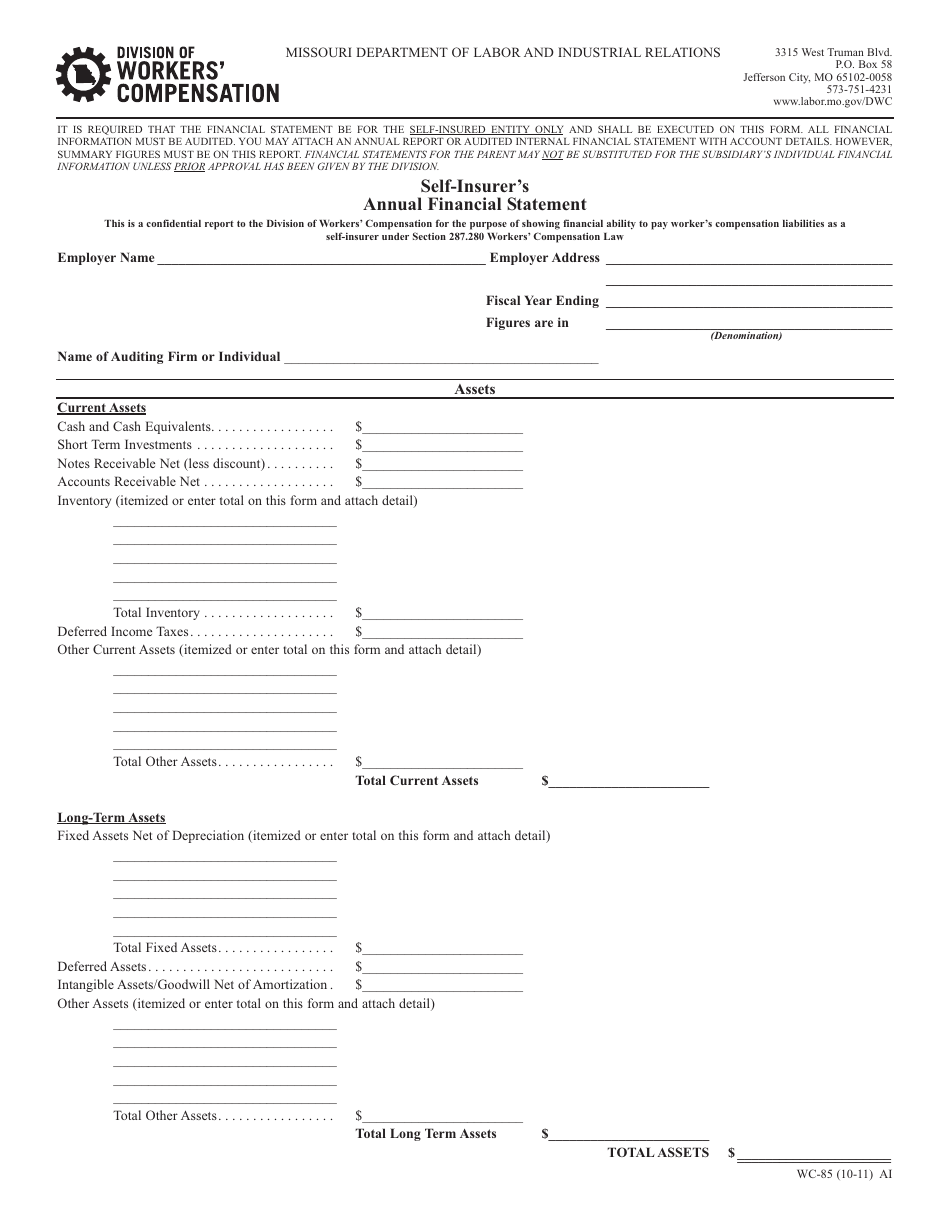 Form WC-85 Self-insurers Annual Financial Statement - Missouri, Page 1