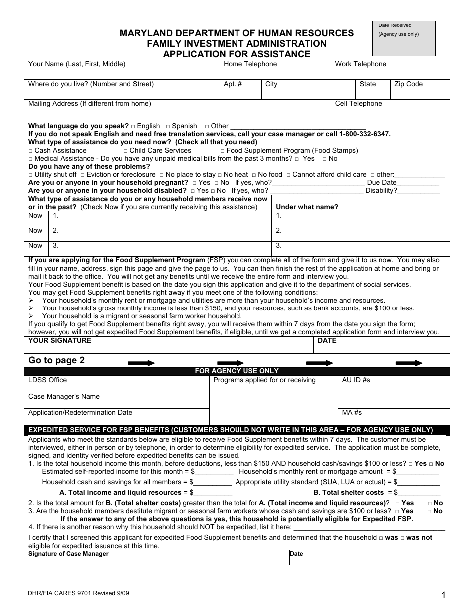 Form DHR / FIA CARES9701 Application for Assistance - Maryland, Page 2