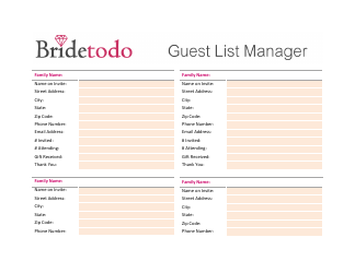 Document preview: Guest List Template - Bridetodo