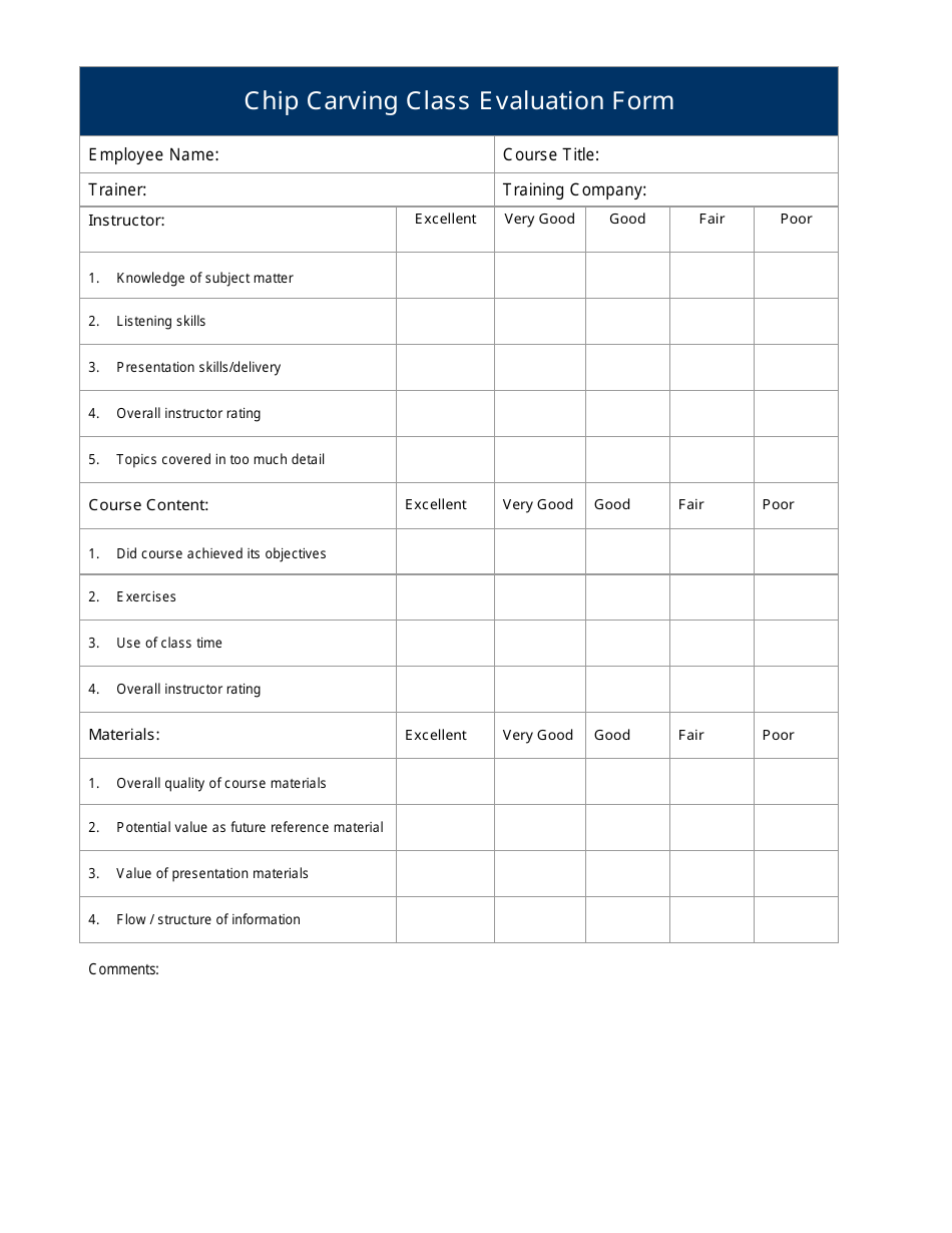 Chip Carving Class Evaluation Form, Page 1
