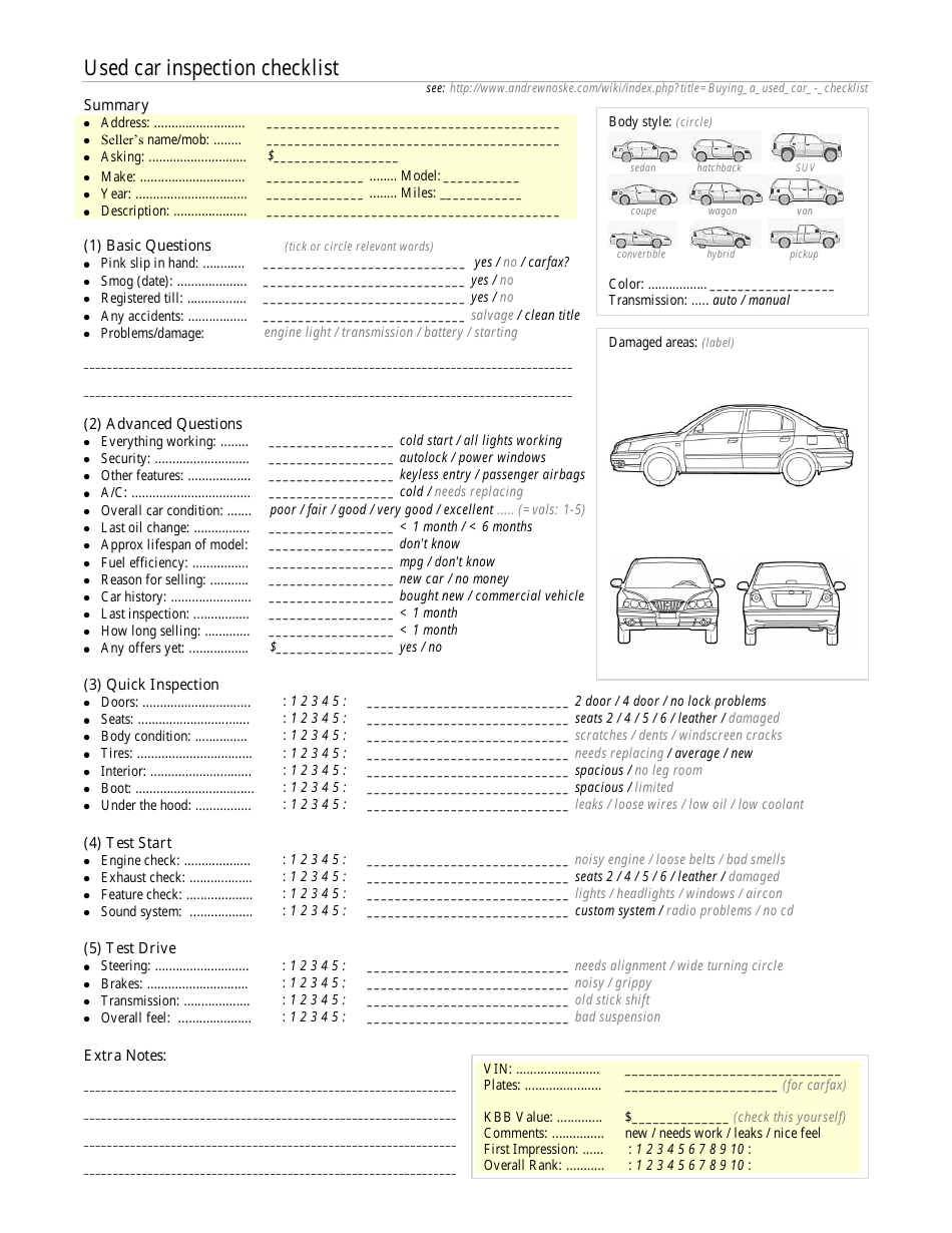 Used Car Inspection Checklist Template, Page 1
