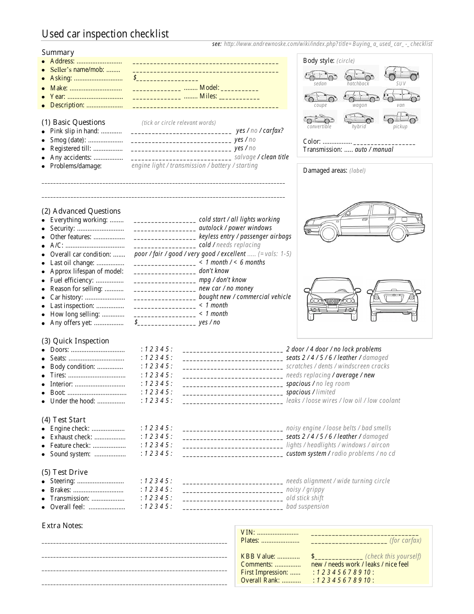 Printable Used Car Inspection Checklist Pdf Template Samples Ford Vrogue