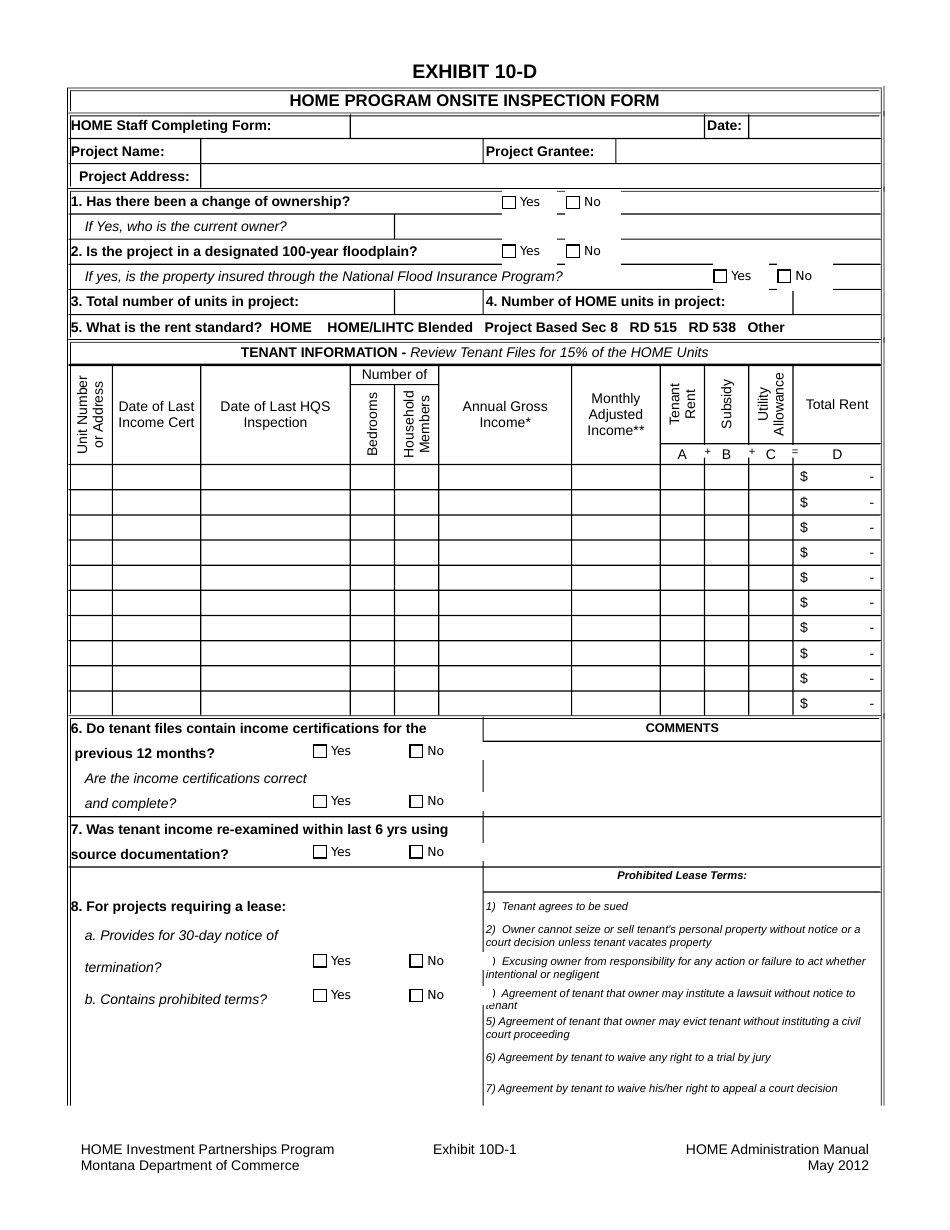 Exhibit 10-D Home Program Onsite Inspection Form - Montana, Page 1