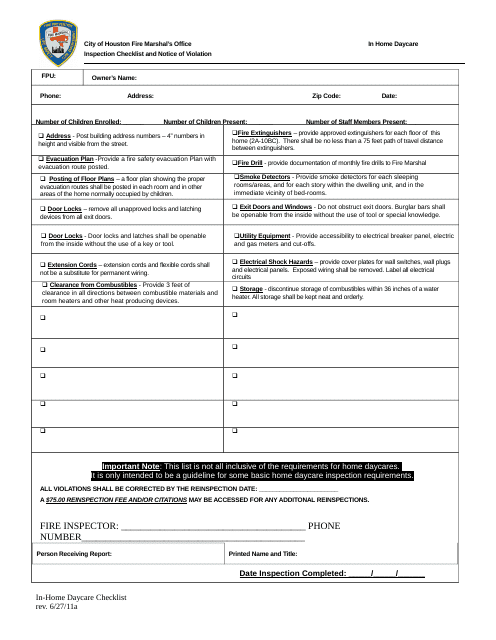 Inspection Checklist and Notice of Violation - City of Houston, Texas
