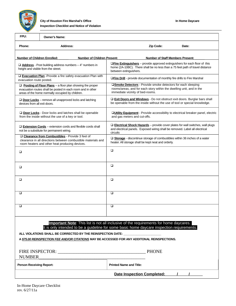 Inspection Checklist and Notice of Violation - City of Houston, Texas, Page 1