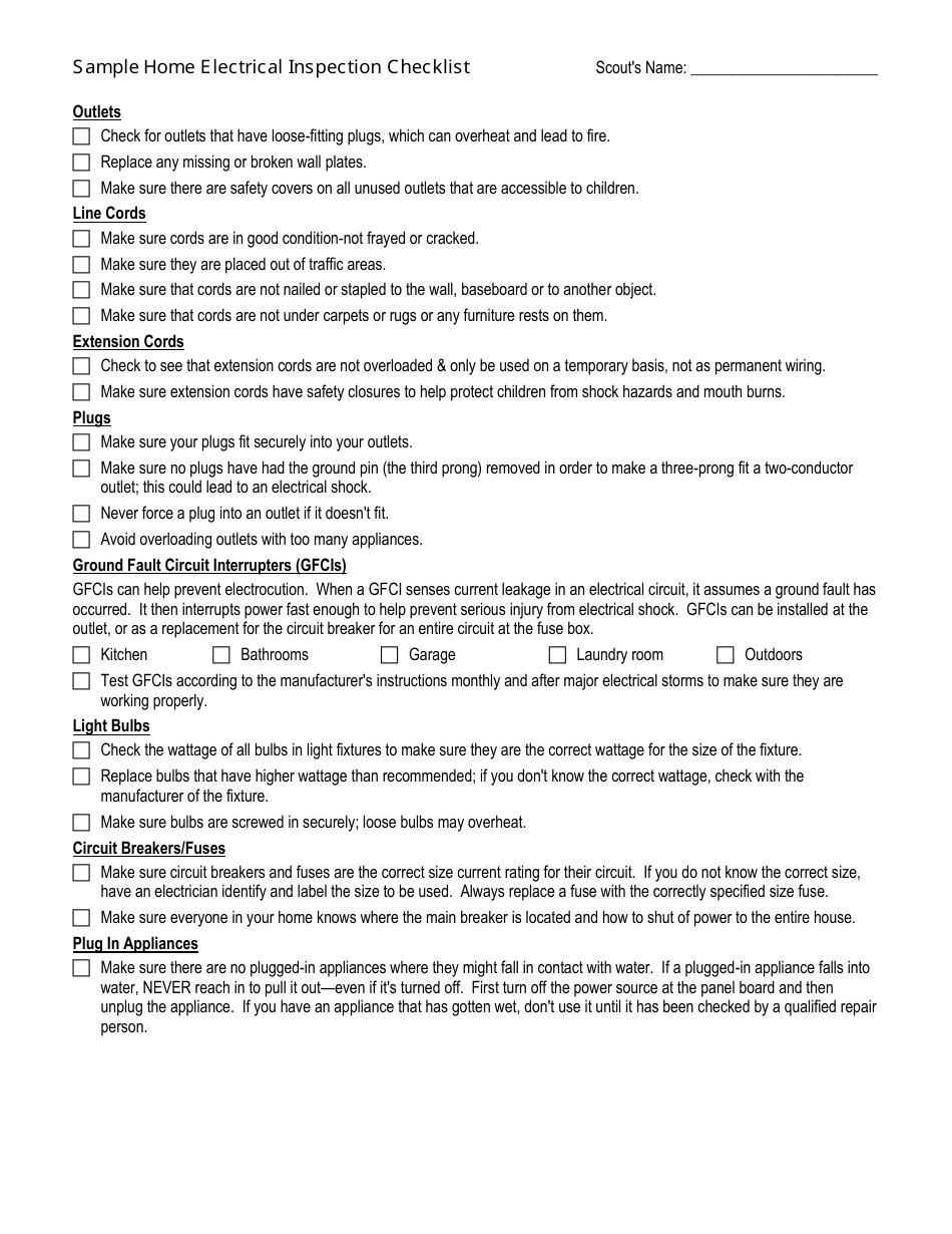 Sample Home Electrical Inspection Checklist Template, Page 1