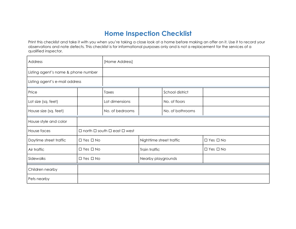 Home Inspection Checklist Template, Page 1