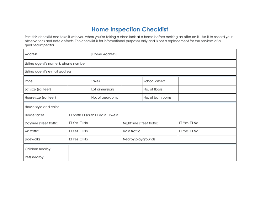 Home Inspection Checklist Template Download Printable PDF | Templateroller