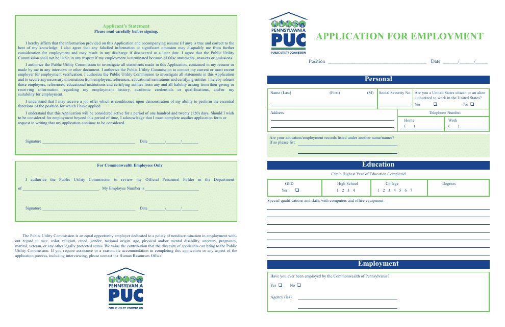 Application for Employment - Pennsylvania Download Pdf