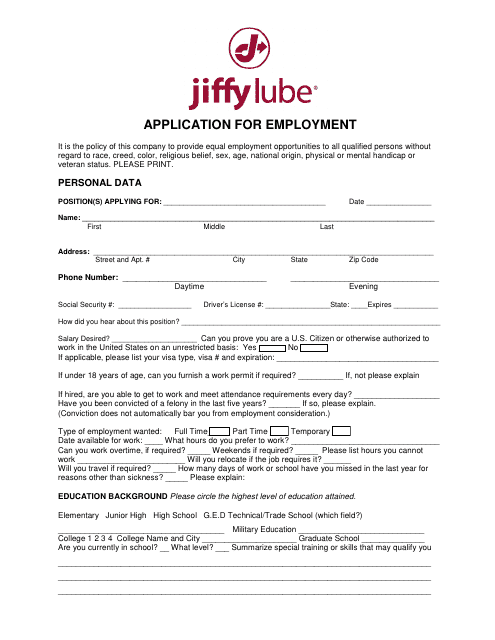 View our Application for Employment - Jiffy Lube Document