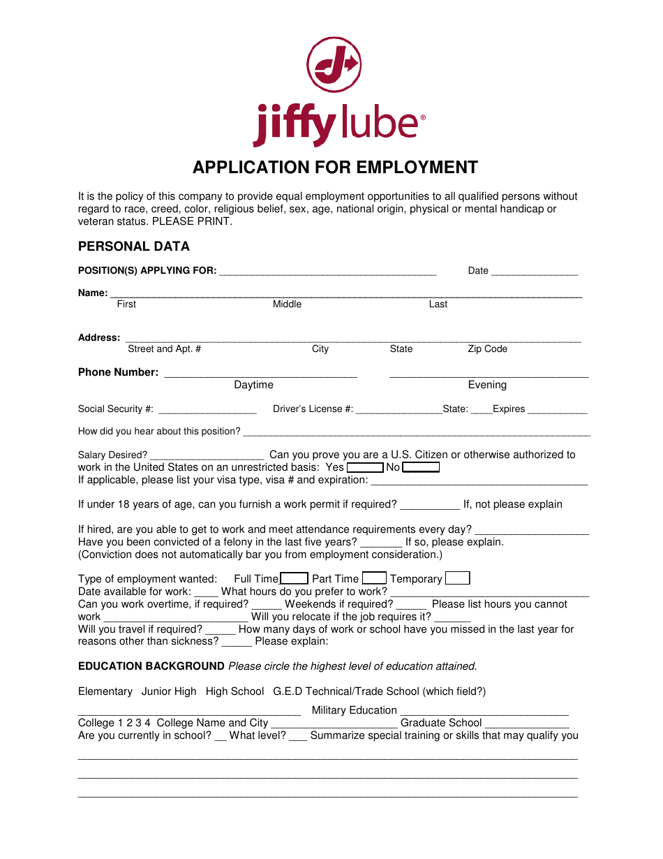 Application for Employment Jiffy Lube Fill Out, Sign Online and