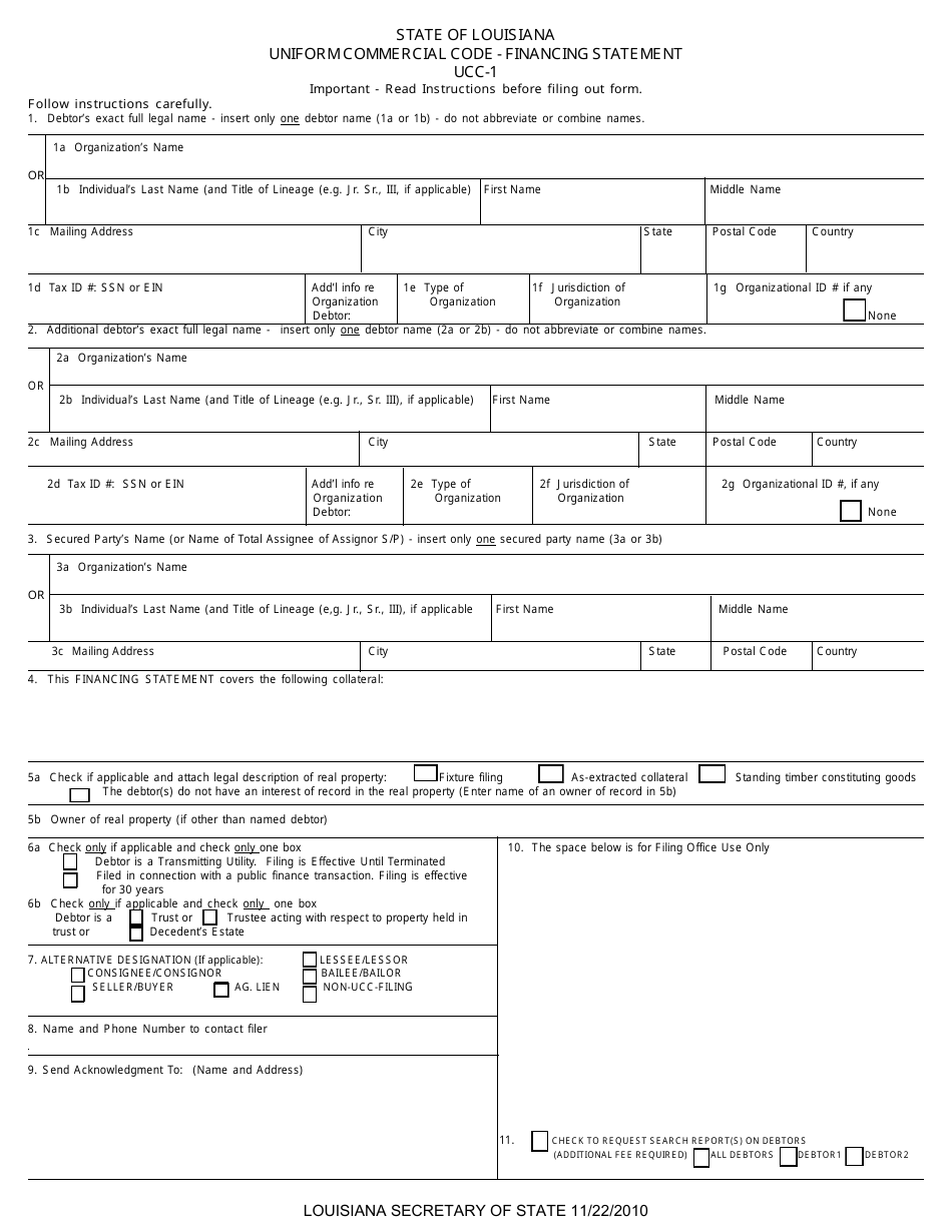 Form UCC-1 Uniform Commercial Code - Financing Statement - Louisiana, Page 1