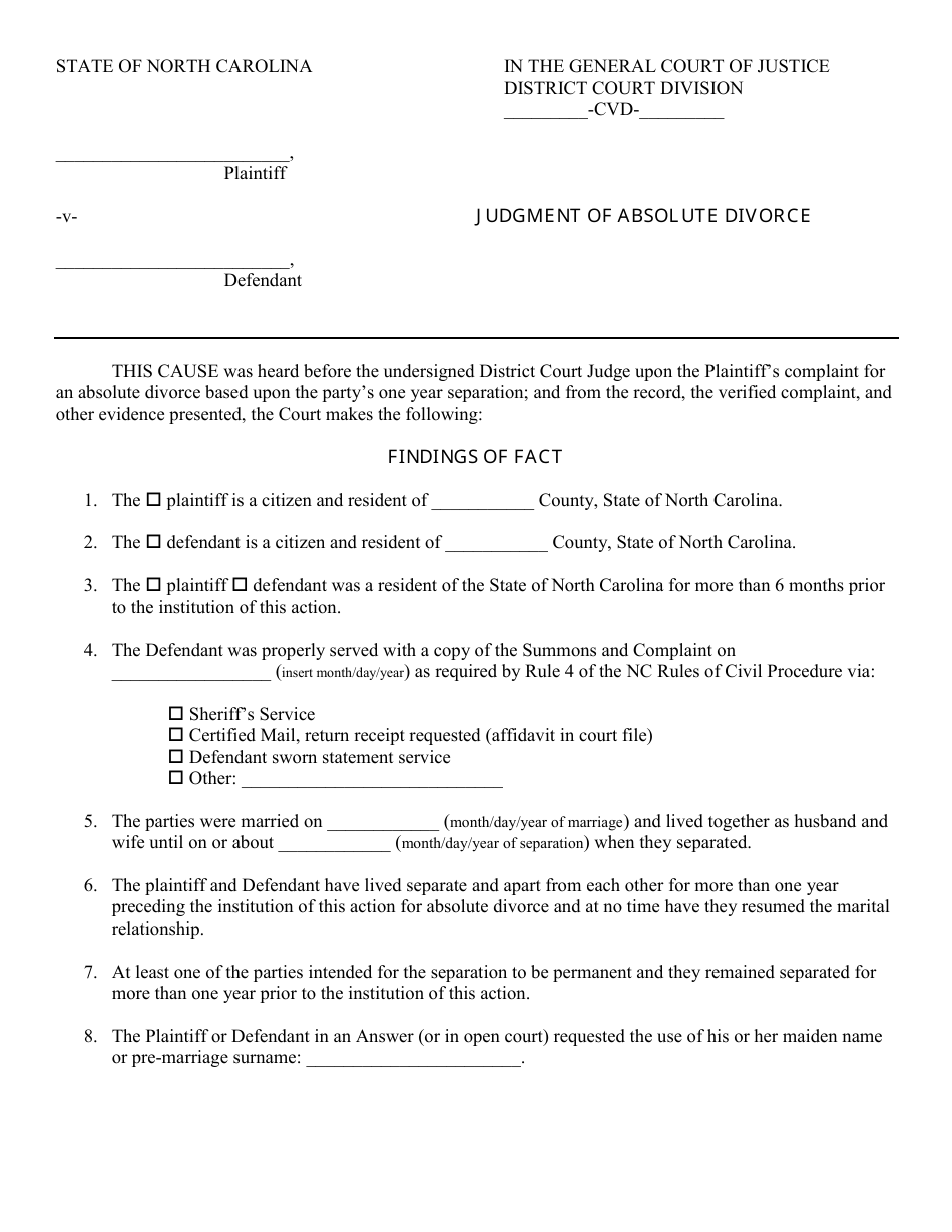 Judgment of Absolute Divorce Form - North Carolina, Page 1