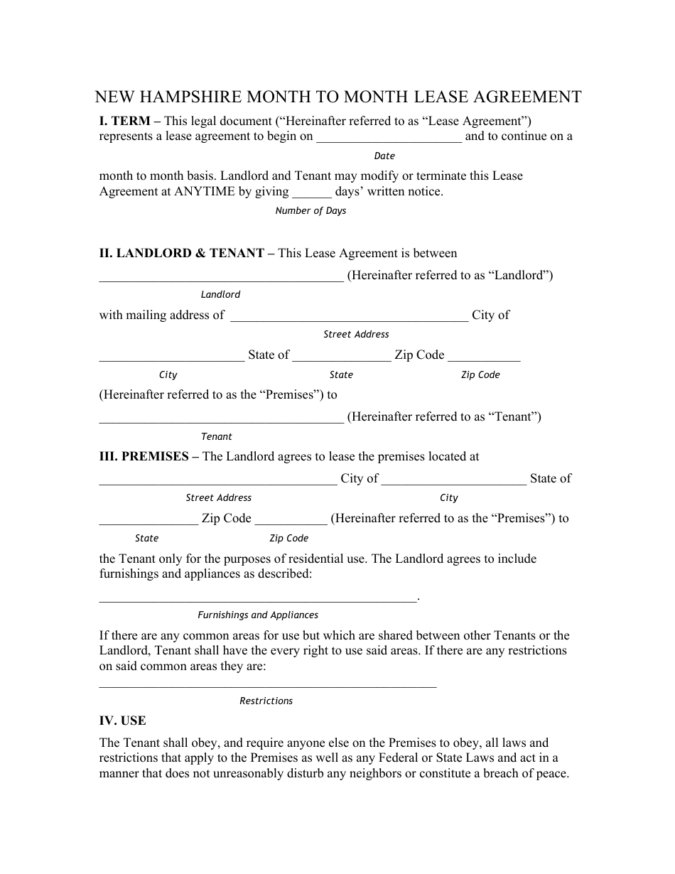 Month-To-Month Lease Agreement Template - New Hampshire, Page 1