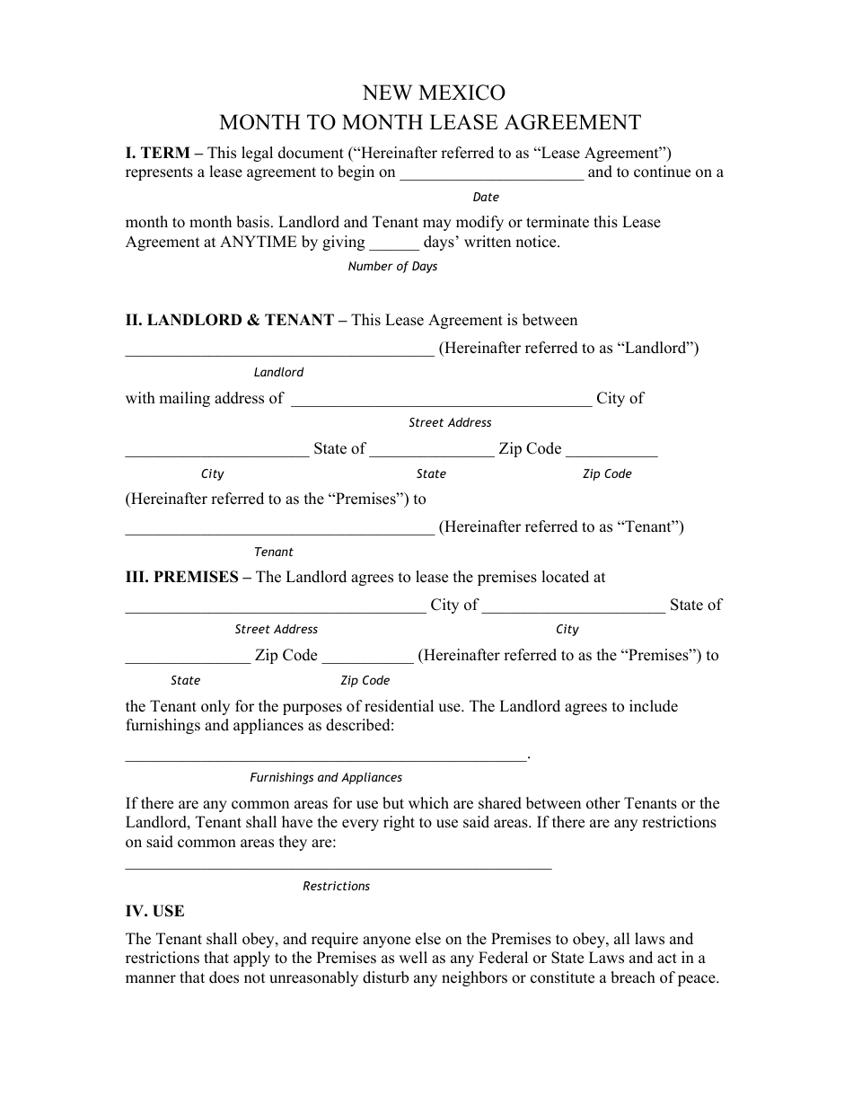 Month-To-Month Lease Agreement Template - Twenty One Points - New Mexico, Page 1