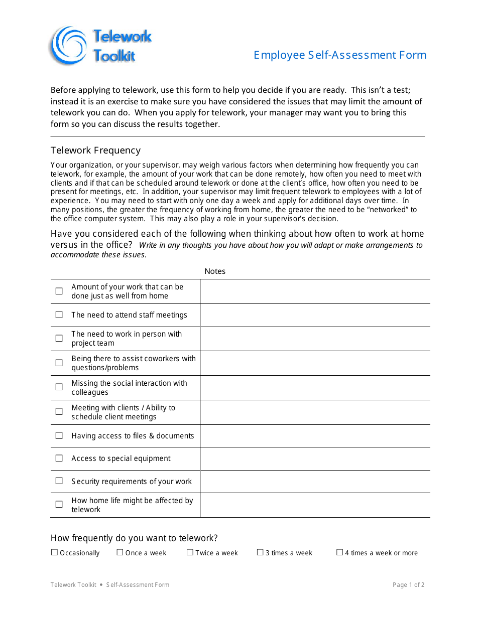 Employee Self-assessment Form - Telework Toolkit, Page 1