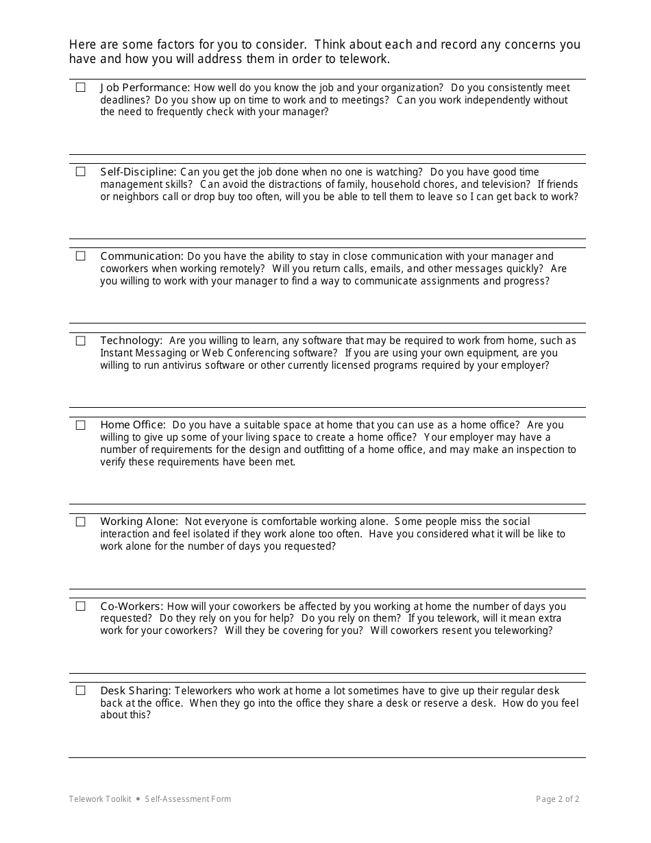 Employee Self-assessment Form - Telework Toolkit - Fill Out, Sign ...