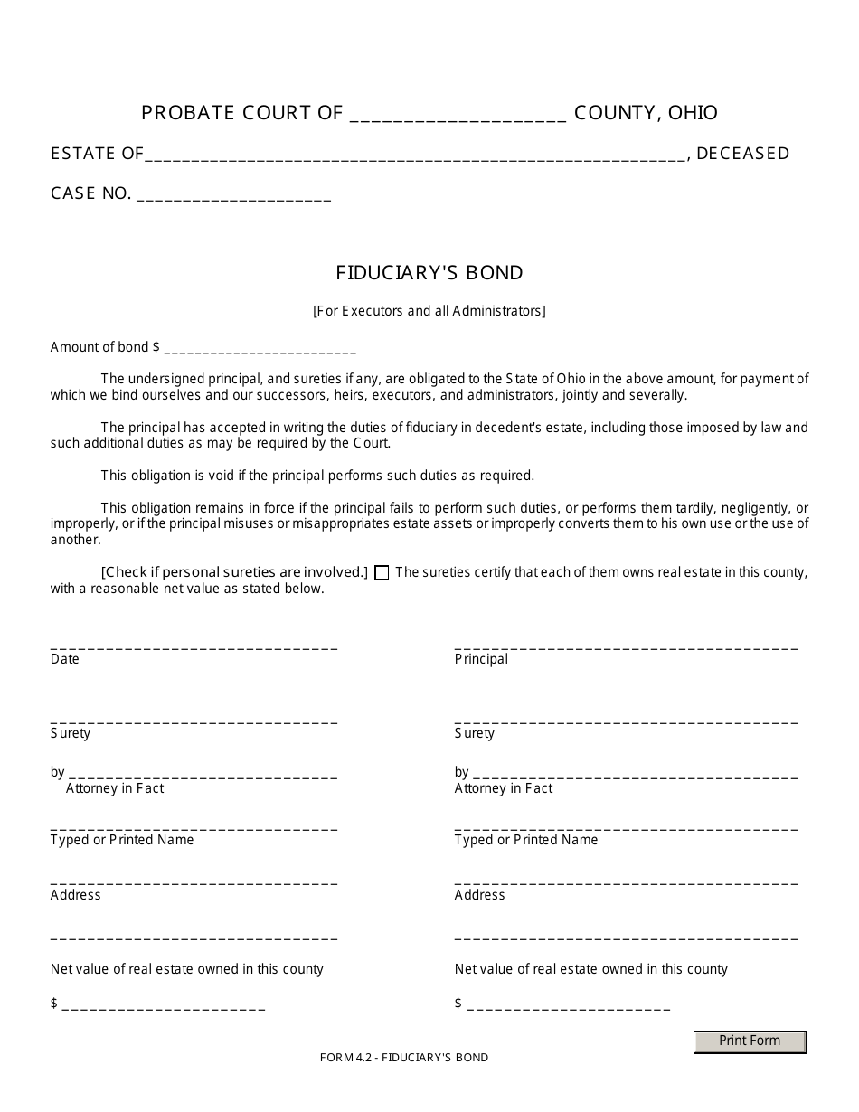 Form 4.2 Fiduciarys Bond for Executors and All Administrators - Ohio, Page 1