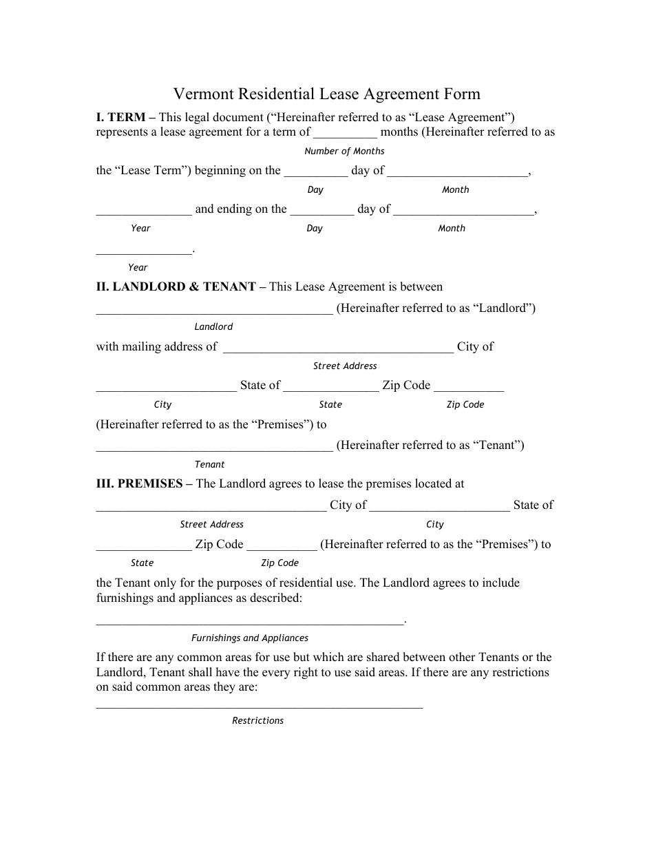 Residential Lease Agreement Form - Vermont, Page 1
