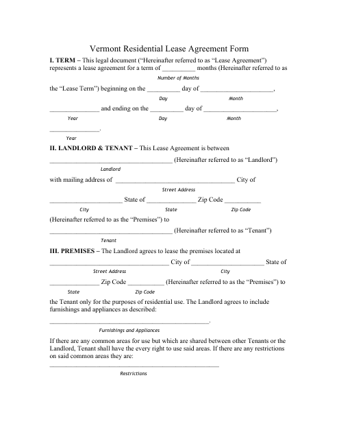 Residential Lease Agreement Form - Vermont Download Pdf