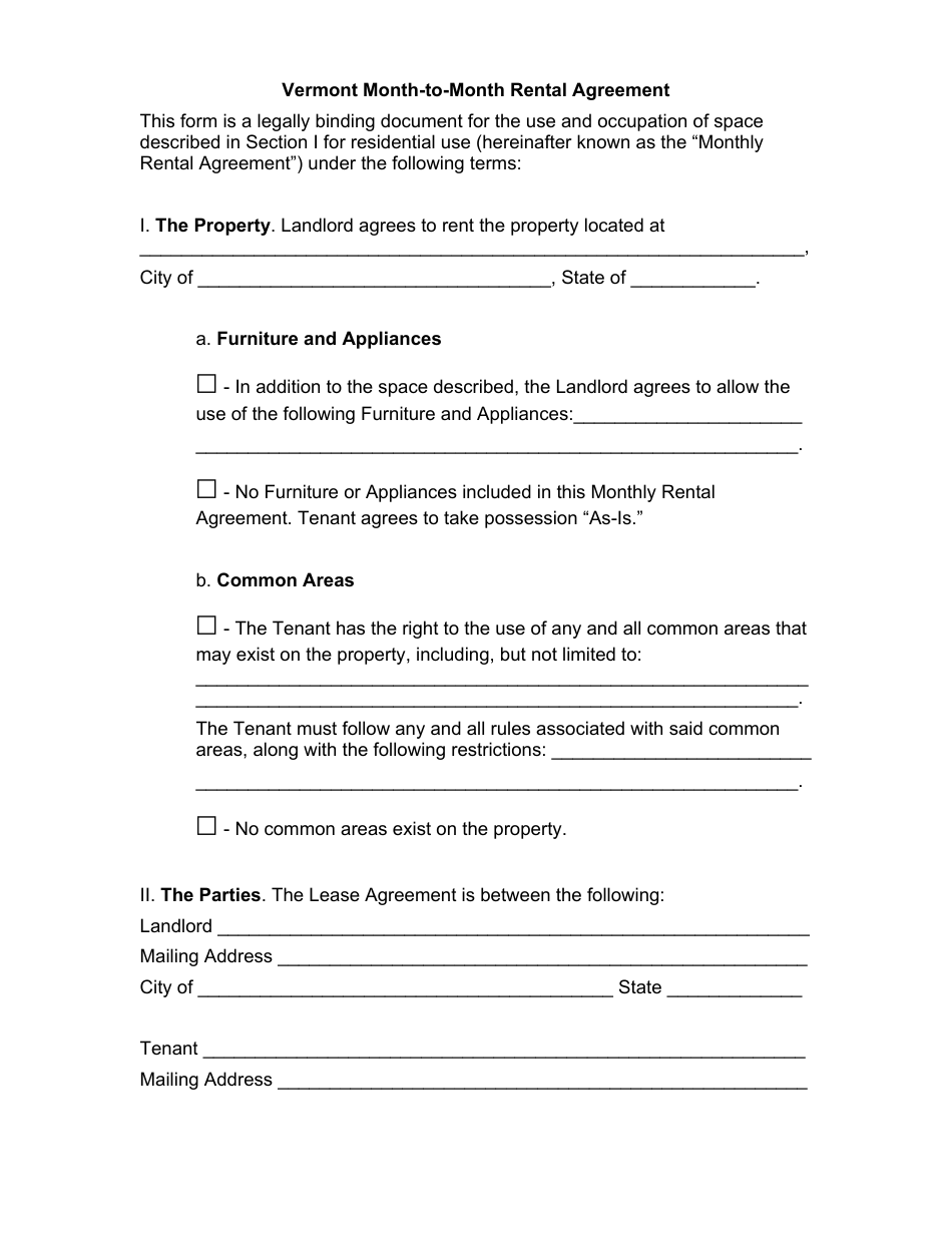 Month-To-Month Rental Agreement Template - Vermont, Page 1