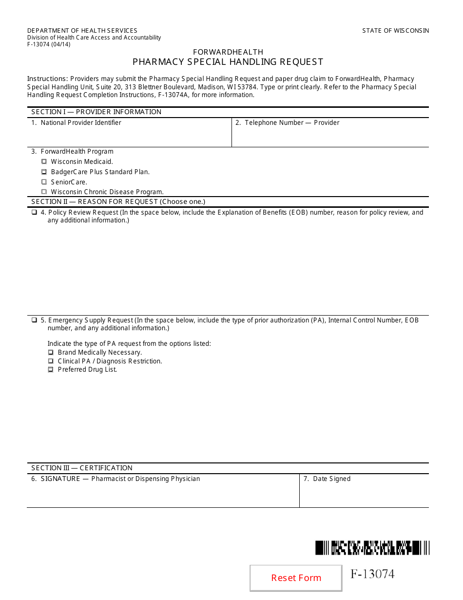 Form F-13074 Pharmacy Special Handling Request - Wisconsin, Page 1
