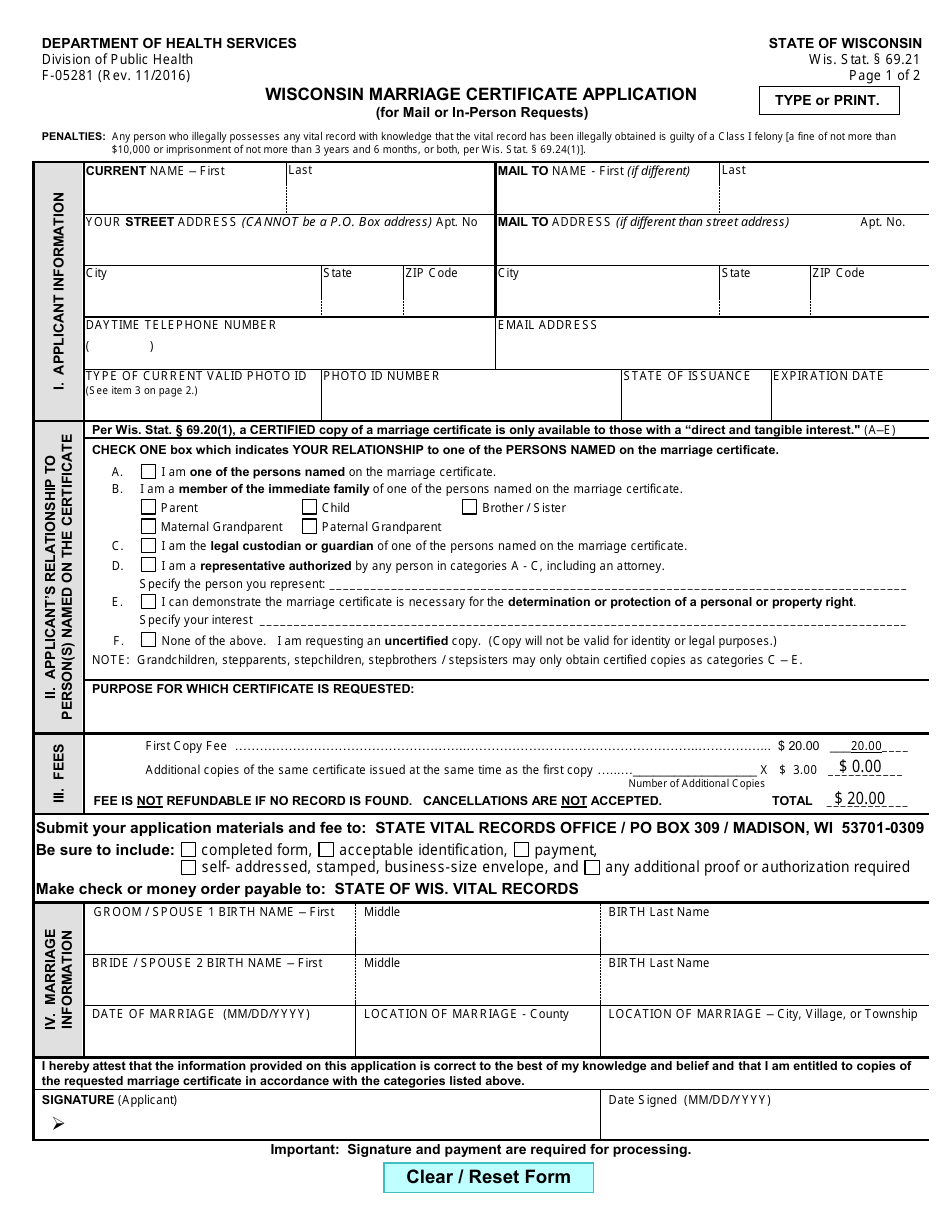 Form F-05281 Wisconsin Marriage Certificate Application - Wisconsin, Page 1