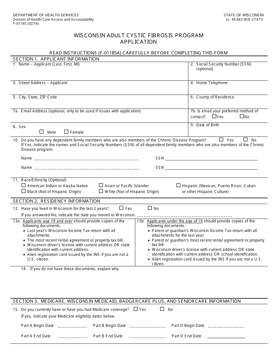 Form F-01185 Wisconsin Adult Cystic Fibrosis Program Application - Wisconsin, Page 1