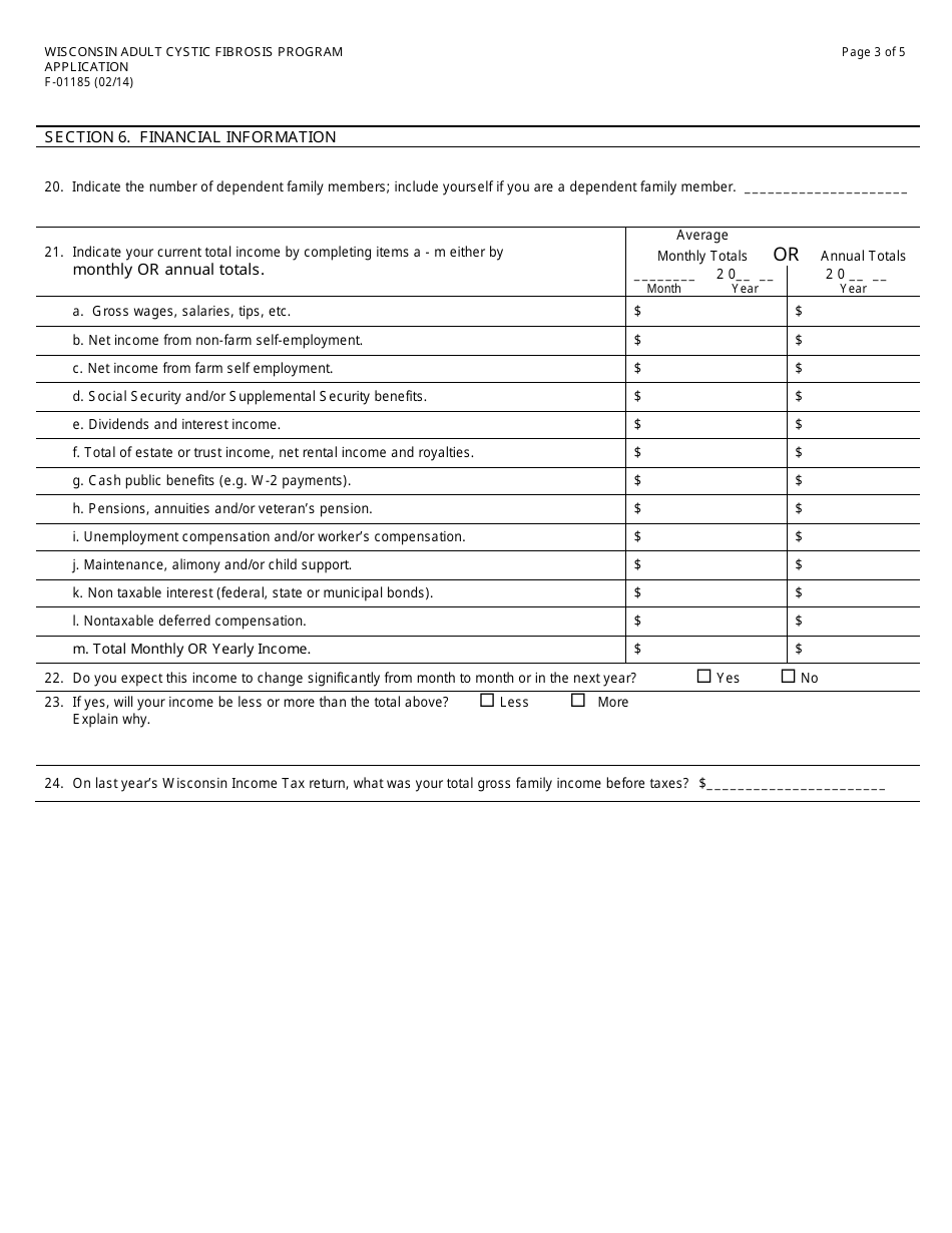 Form F-01185 Wisconsin Adult Cystic Fibrosis Program Application - Wisconsin, Page 3