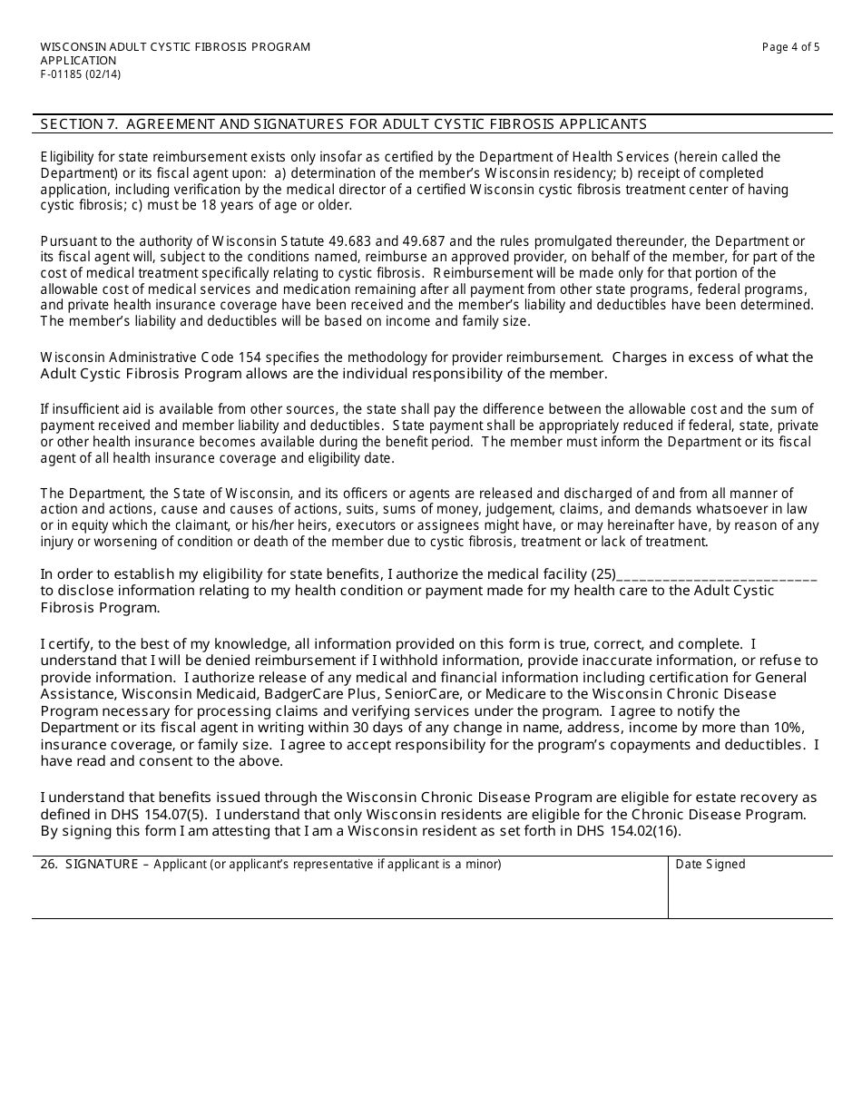 Form F-01185 Wisconsin Adult Cystic Fibrosis Program Application - Wisconsin, Page 4