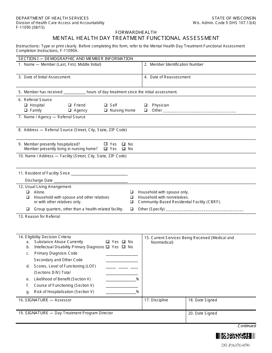 Form F-11090 Mental Health Day Treatment Functional Assessment - Wisconsin, Page 1