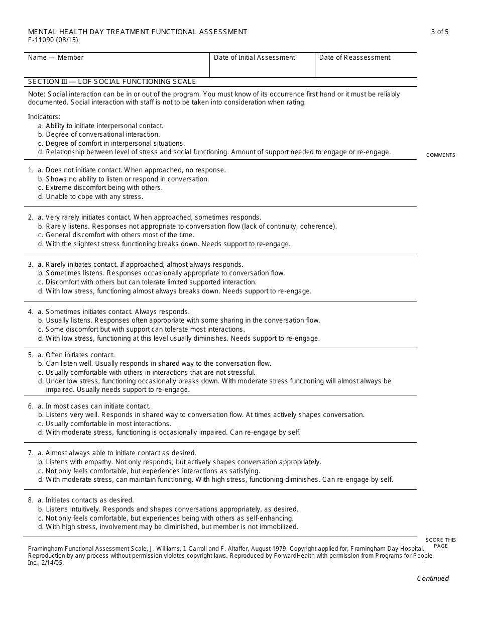 Form F-11090 Mental Health Day Treatment Functional Assessment - Wisconsin, Page 3
