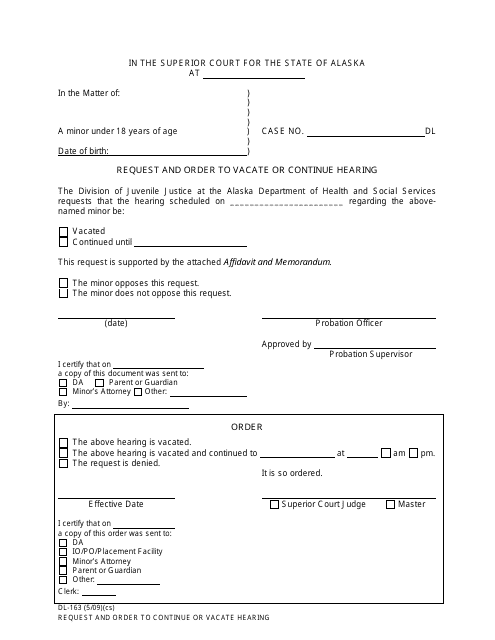 Form DL-163 Request and Order to Vacate or Continue Hearing - Alaska