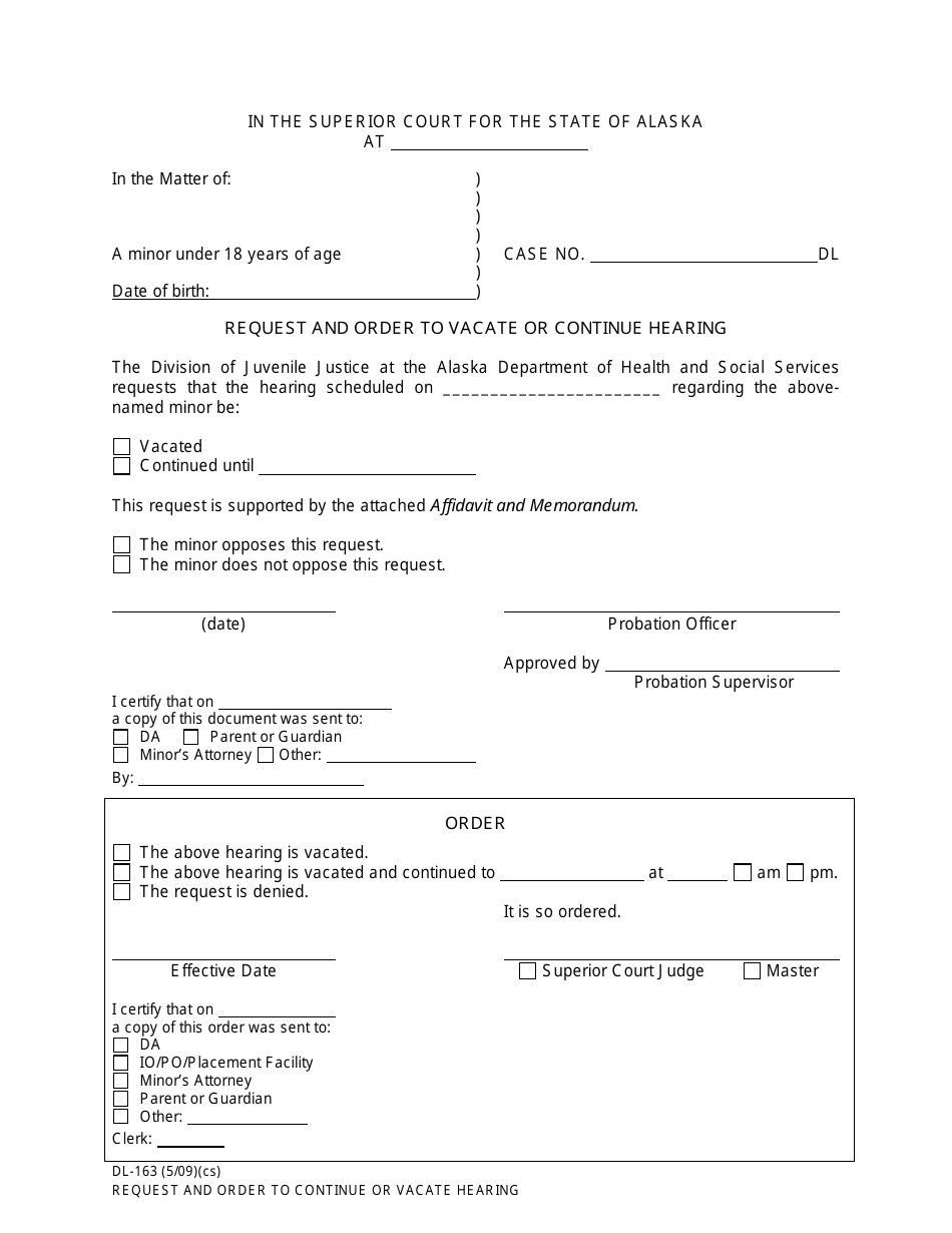 Form DL-163 Request and Order to Vacate or Continue Hearing - Alaska, Page 1