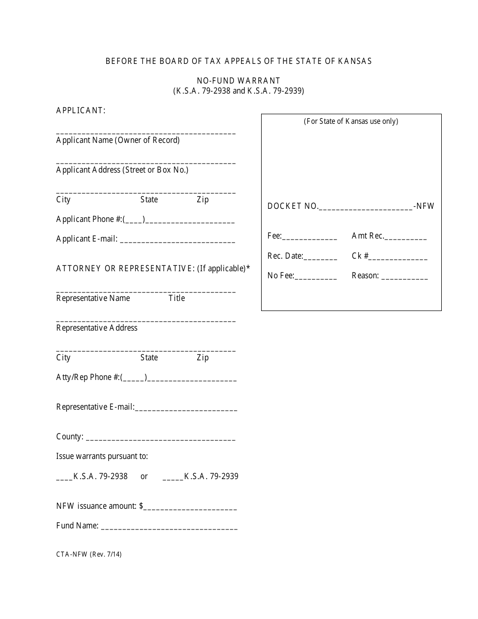 Form CTA-NFW No-Fund Warrant Application Form - Kansas, Page 1