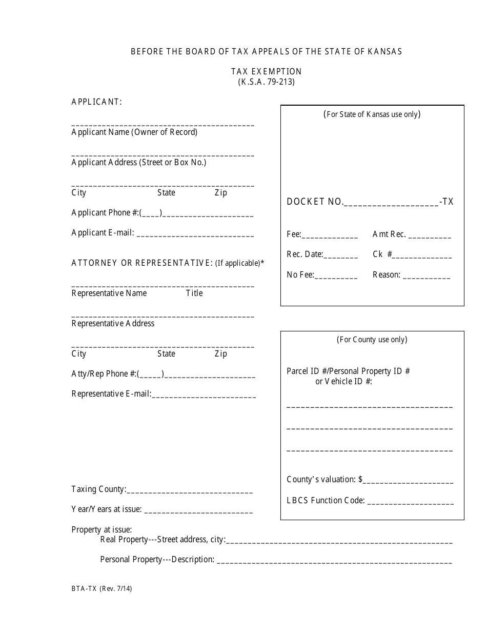 Form BTA-TX Tax Exemption Application - Kansas, Page 1