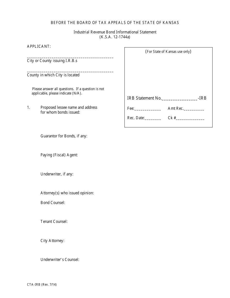 Form CTA-IRB Industrial Revenue Bond Informational Statement - Kansas, Page 1