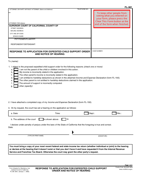 Form FL-381 Response to Application for Expedited Child Support Order and Notice of Hearing - California