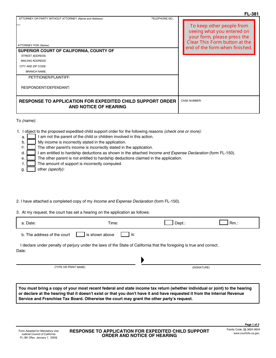 Form FL-381 Response to Application for Expedited Child Support Order and Notice of Hearing - California, Page 1