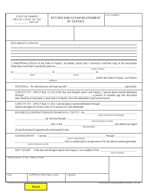 Form 001103 Return and Acknowledgment of Service - Hawaii