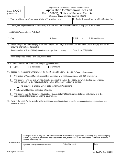 IRS Form 12277 Application for Withdrawal of Filed Form 668(Y), Notice of Federal Tax Lien