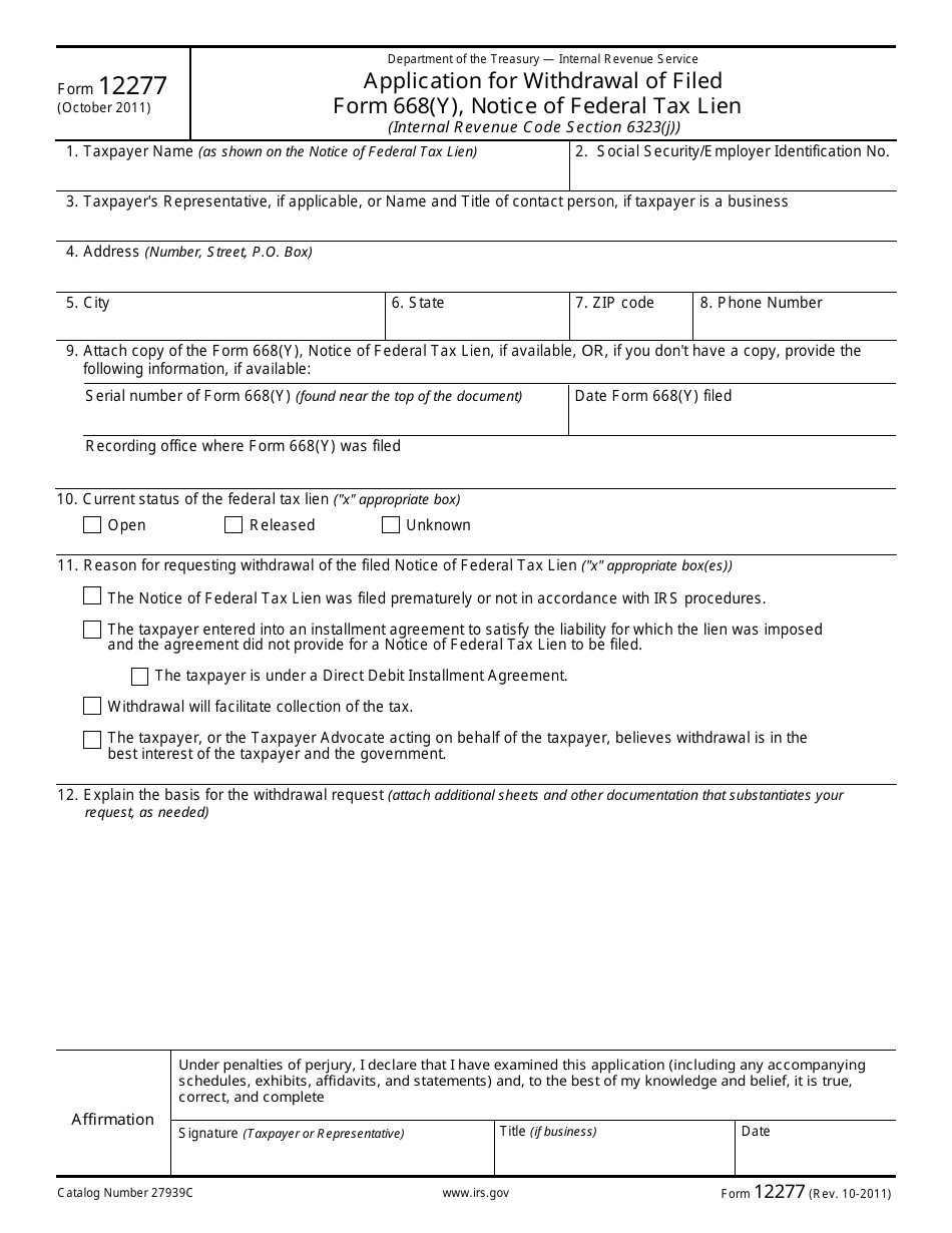 IRS Form 12277 Application for Withdrawal of Filed Form 668(Y), Notice of Federal Tax Lien, Page 1